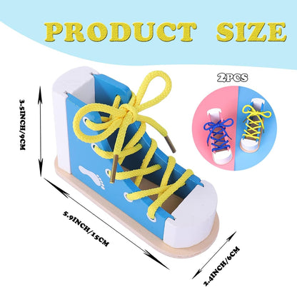 2PCS Learn to Tie Shoes - Wooden Lacing Shoe Tying Practice,Safe & Reusable Wood Shoelaces Tying Educational
