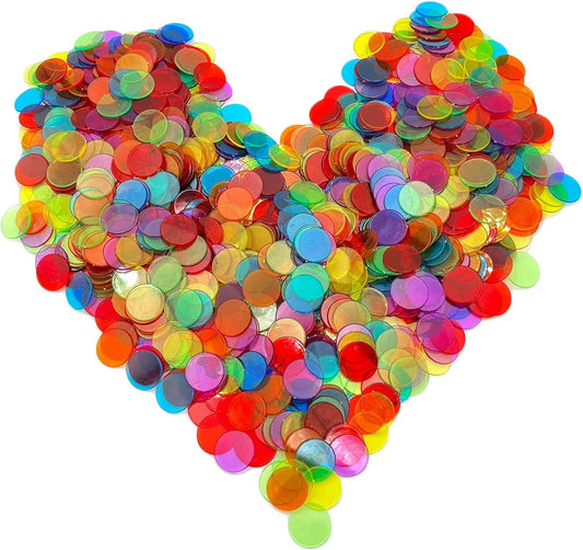 JUNWRROW 1000 Pieces 3/4 inch Transparent 6 Color Bingo Counting Chips with Bag - for Large Group Games, Game Night & Educational Activities