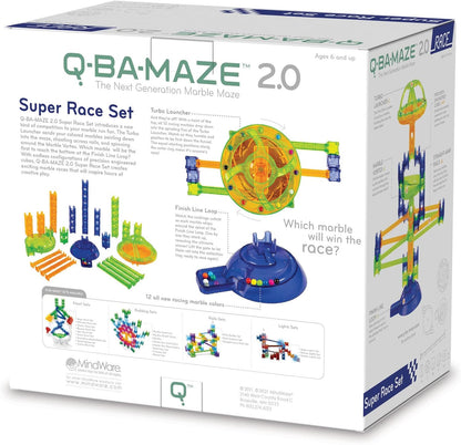MindWare Q-BA-Maze 2.0 Super Race Set, STEM Marble Run Building Kit with Turbo Launcher and Racing Tracks, Creative Engineering Toy for Kids Ages 6+, Logic and Construction Gift