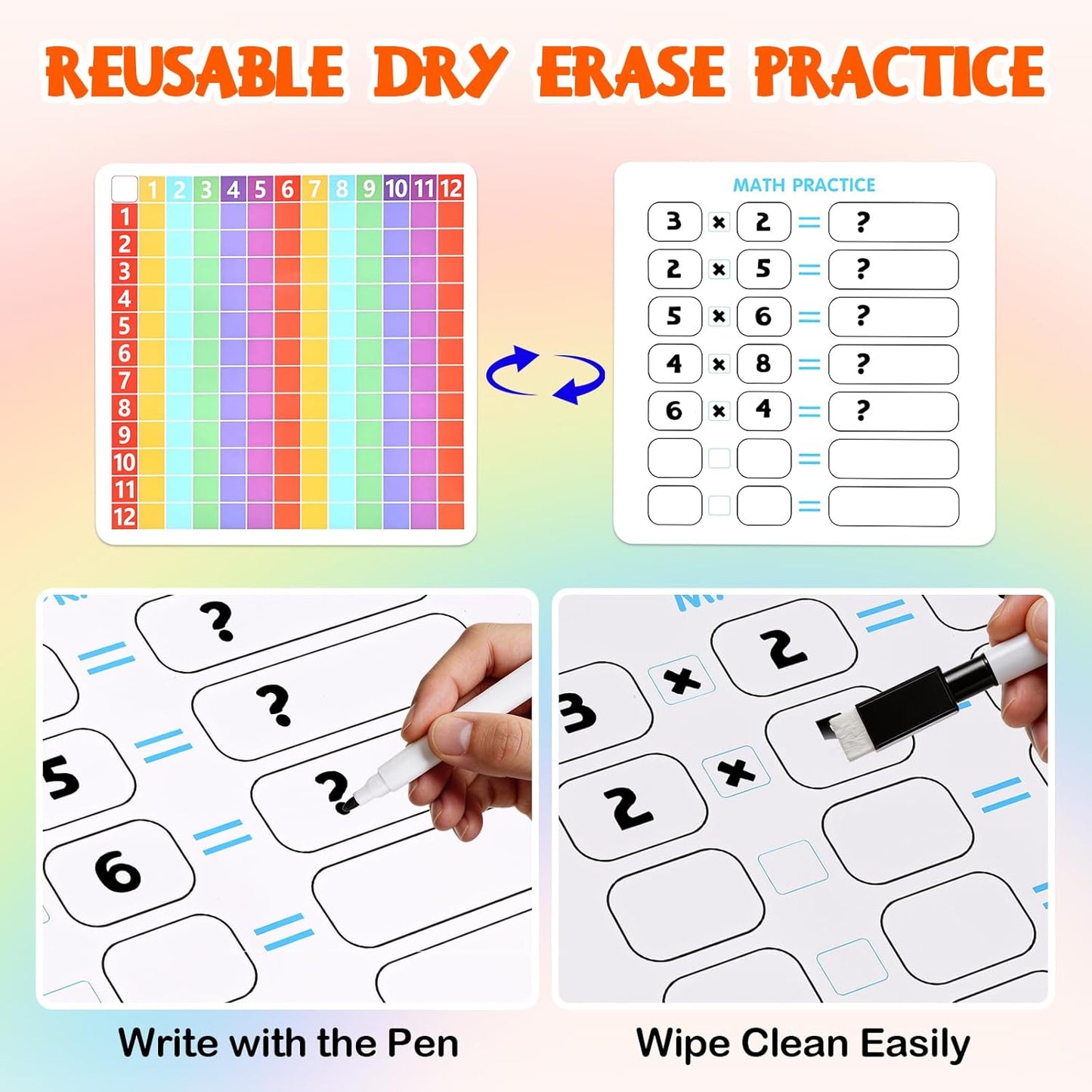 Multiplication Games for Kids, 12x12 Multiplication Board with Rainbow Charts, Double-Sided Sensory Math Learning Games with Dry Erase Marker, Addition & Multiplication