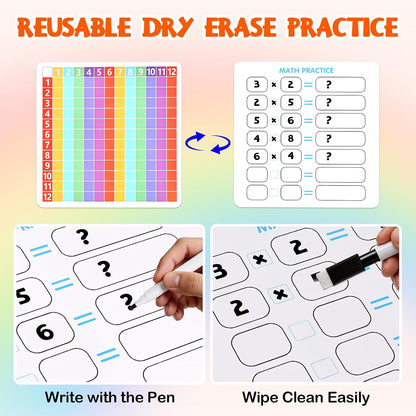 Multiplication Games for Kids, 12x12 Multiplication Board with Rainbow Charts, Double-Sided Sensory Math Learning Games with Dry Erase Marker, Addition & Multiplication