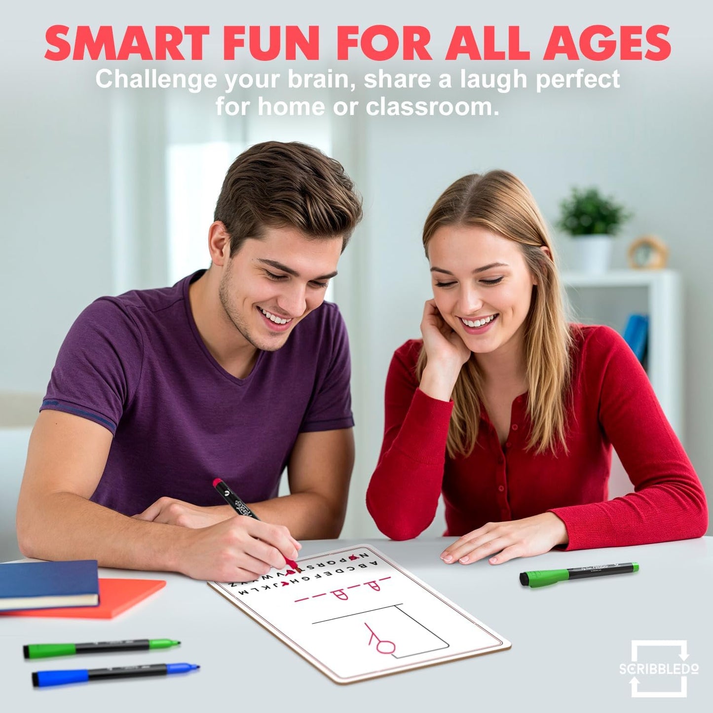 SCRIBBLEDO Hangman Board Game 9”x12 Dry Erase Double-Sided Whiteboard with Blank Writing Surface Hang Man Games Reusable Portable Erasable Hangman Game for Travel Classrooms Homeschool Family Fun