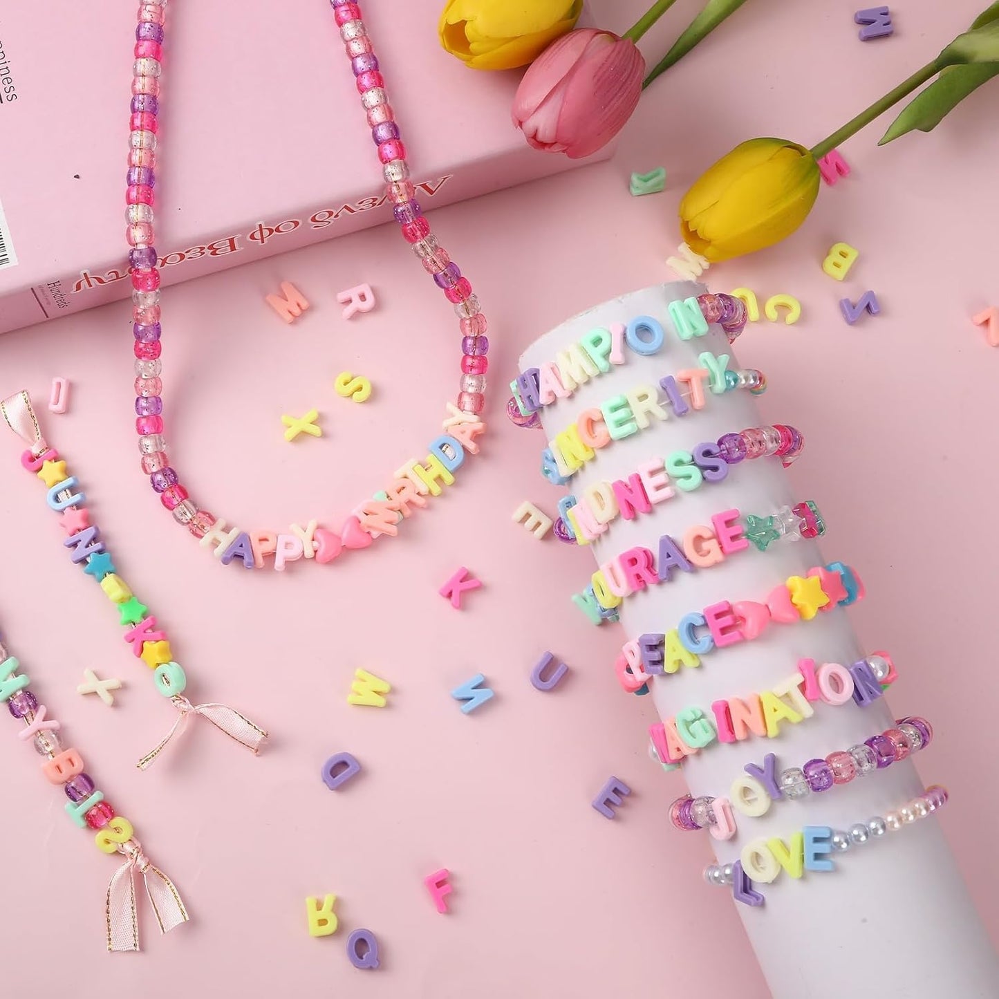 Augshy 400Pcs Large Letter Beads, Macaroon Hollow Letter Beads Plastic A-Z Mixed Alphabet Shape Bead for Jewelry Making Bracelets Necklaces Key Chains Shoelaces Crafts Party Decor(9 x 12 mm)