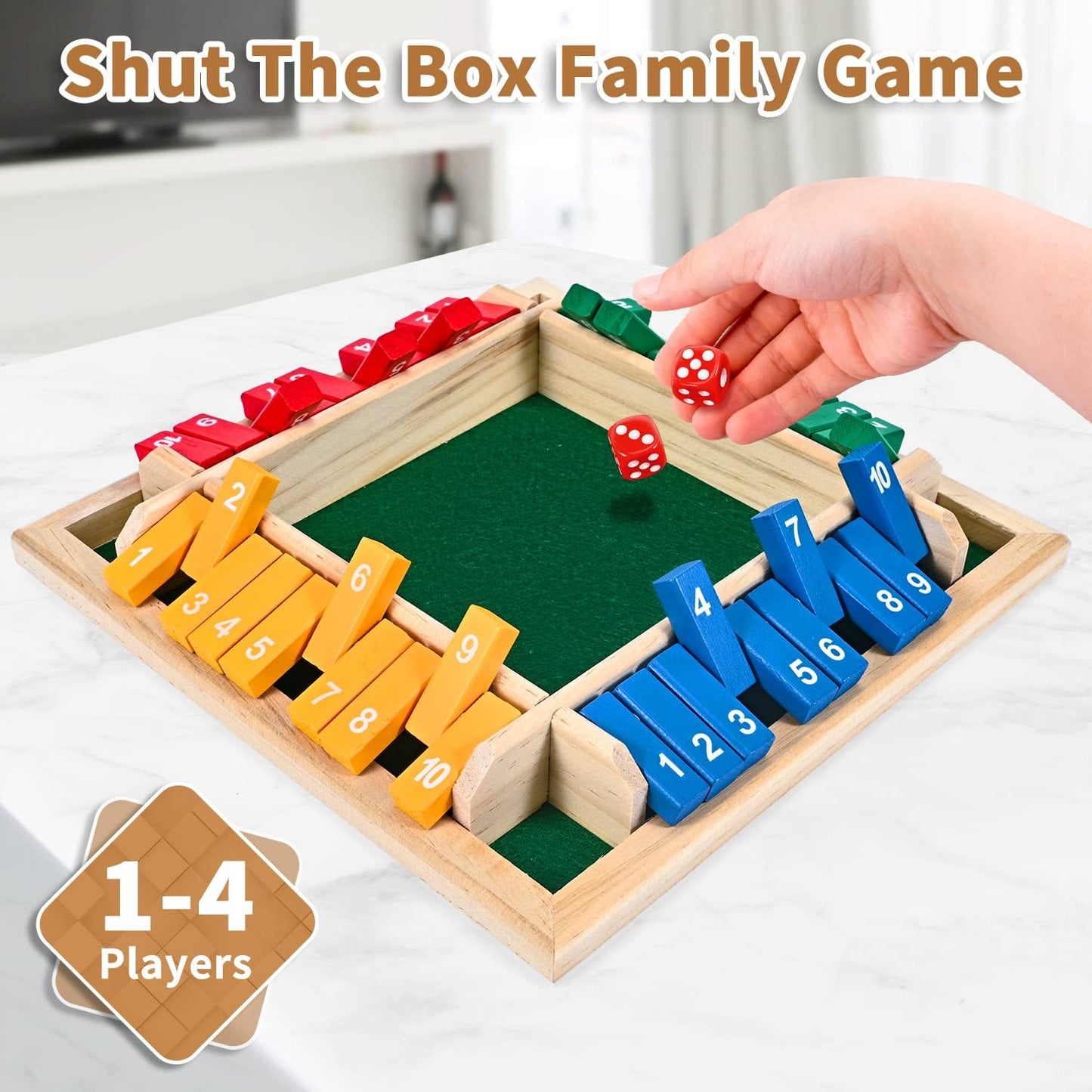 1-4 Players Shut The Box Dice Game, 10 Numbers Traditional Wooden Pub Bar Board Family Table Mat Game Dice for Adults