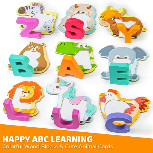 BEESTECH Animal Alphabet Flash Cards, Wooden Letter Puzzle, Educational ABC Learning Toys for 3 4 5 Year Old Boys Girls Toddlers, Preschoolers Matching Game