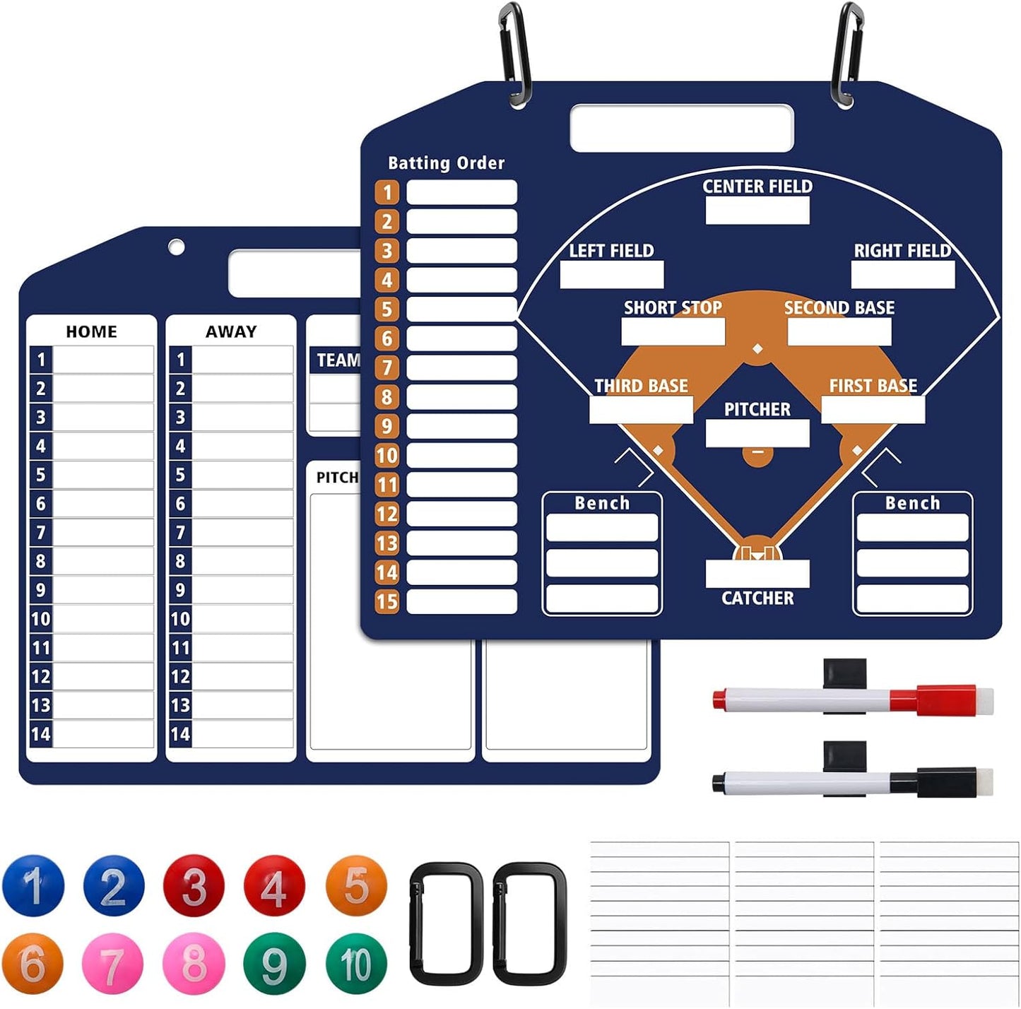 Baseball Coach Clipboard, Anglecai Double-Sided Dry Erase Baseball Lineup Board for Softball Dugout Board Baseball Coaching Board with 30 Lineup Card/ 10 Magnet/2 Marker/2 Hook (Green)