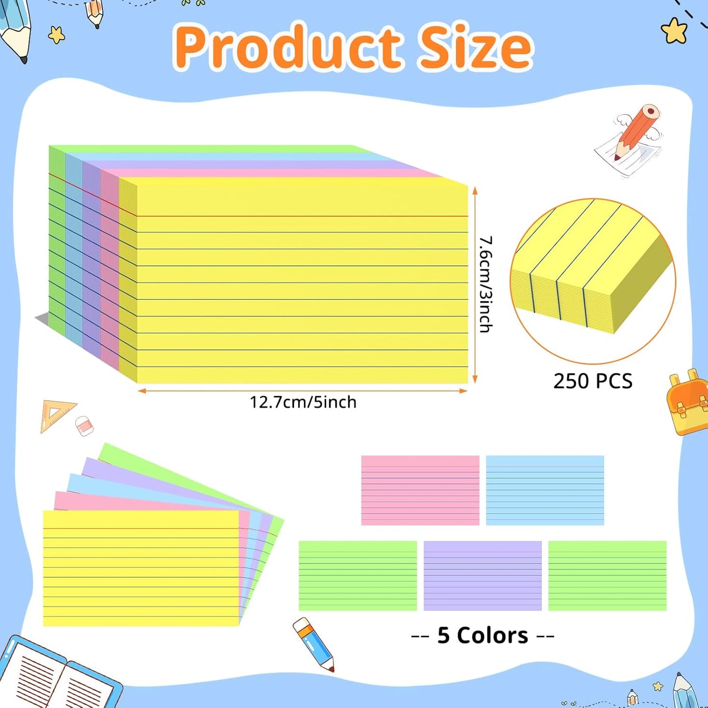 Index Cards 3x5 Inches, 300 PCS, Colored Flash Cards With Ring, Punched Lined Study Card Ruled Flashcards Notecards, Ruled Front And Blank Back, Note Card for School, College And Home