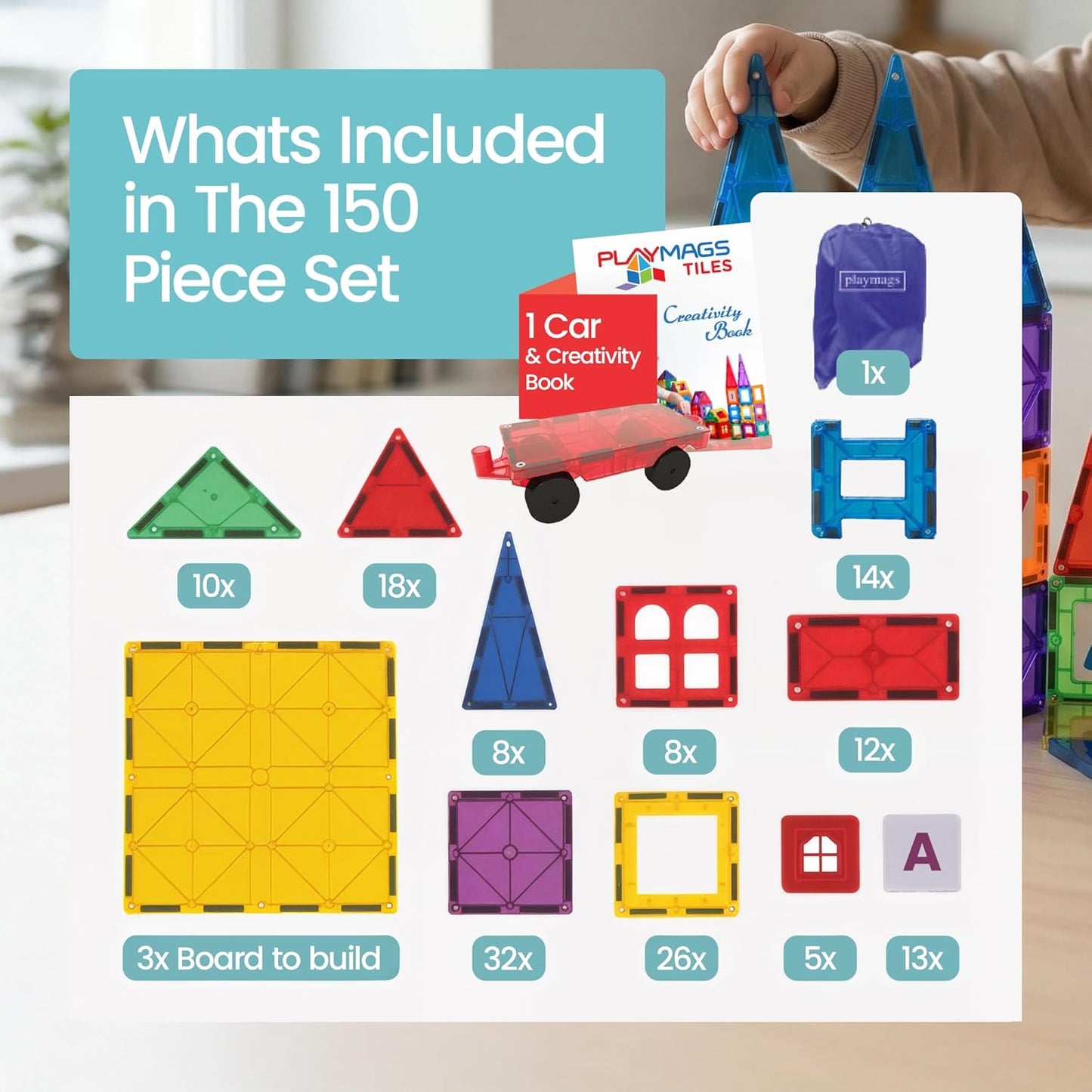 Playmags Magnetic Tiles for Kids 100-Piece Set, STEM Educational Building Blocks Toys for Kids, Includes Click-in ABC Learning Tiles, Gift for Boys & Girls, Add on Magnetic Figures, Car Set Available