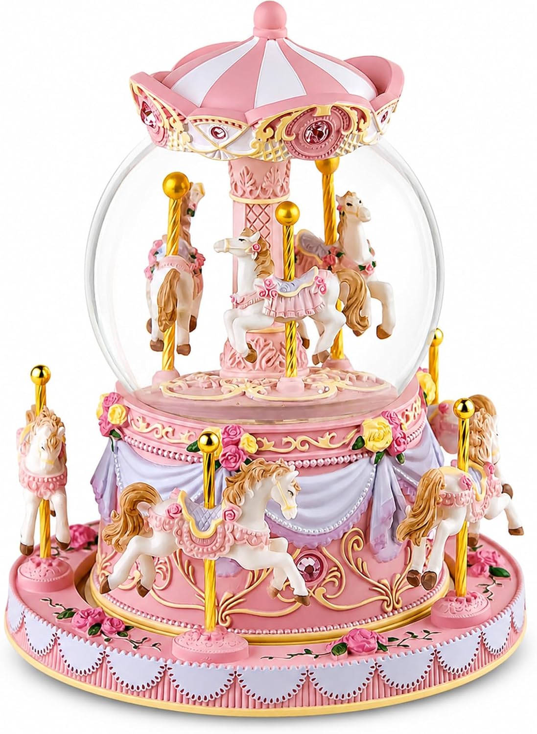 Blue Carousel Snow Globe Music Box with LED Lights, Rotating Horse Merry Go Round with Glitter Snowfall, Wind Up Musical Snow Globe Plays Over the Rainbow, Gift for Daughter Granddaughter Women