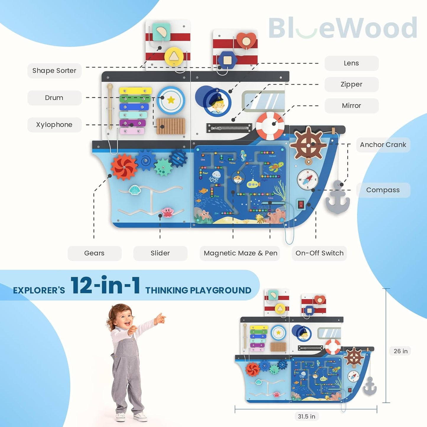 BlueWood Wooden Wall Busy Board Panels, Toddler Learning Activity Center, Montessori Philosophy Sensory, Educational Toys, Conducive to All-Round Development - Whale