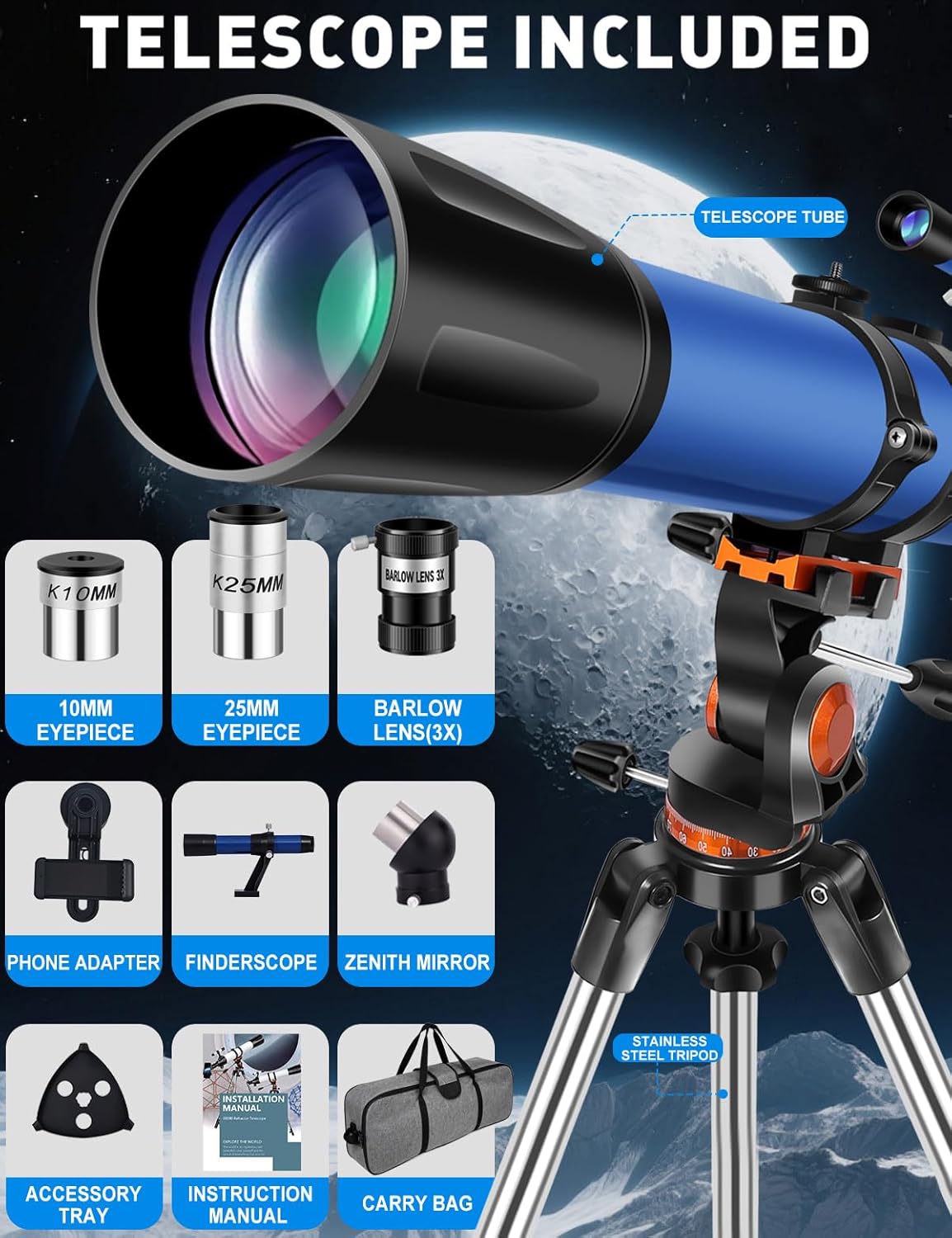 Telescope for Adults High Powered 90mm Aperture 800mm (32X-240X), Refractor Telescopes for Astronomy Beginners with AZ Mount Tripod, Phone Adapter, Carry Bag (80090white)