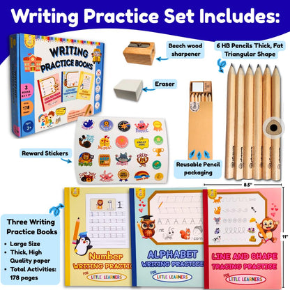 Writing Practice Workbook Set for Kids Ages 3-5 - Tracing Books with Thick Triangular Pencils, Sharpener, Eraser | Learn to Write Letters, Numbers, Lines | Preschool & Kindergarten Homeschool Supplies