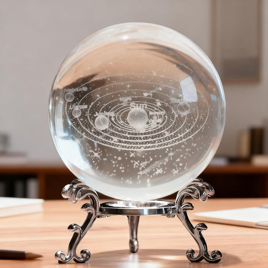 3D Solar System Crystal Ball with Stand 60mm Laser Engraved Glass Sphere Planet Model Decor Space Universe Gifts for Astronomy Lovers