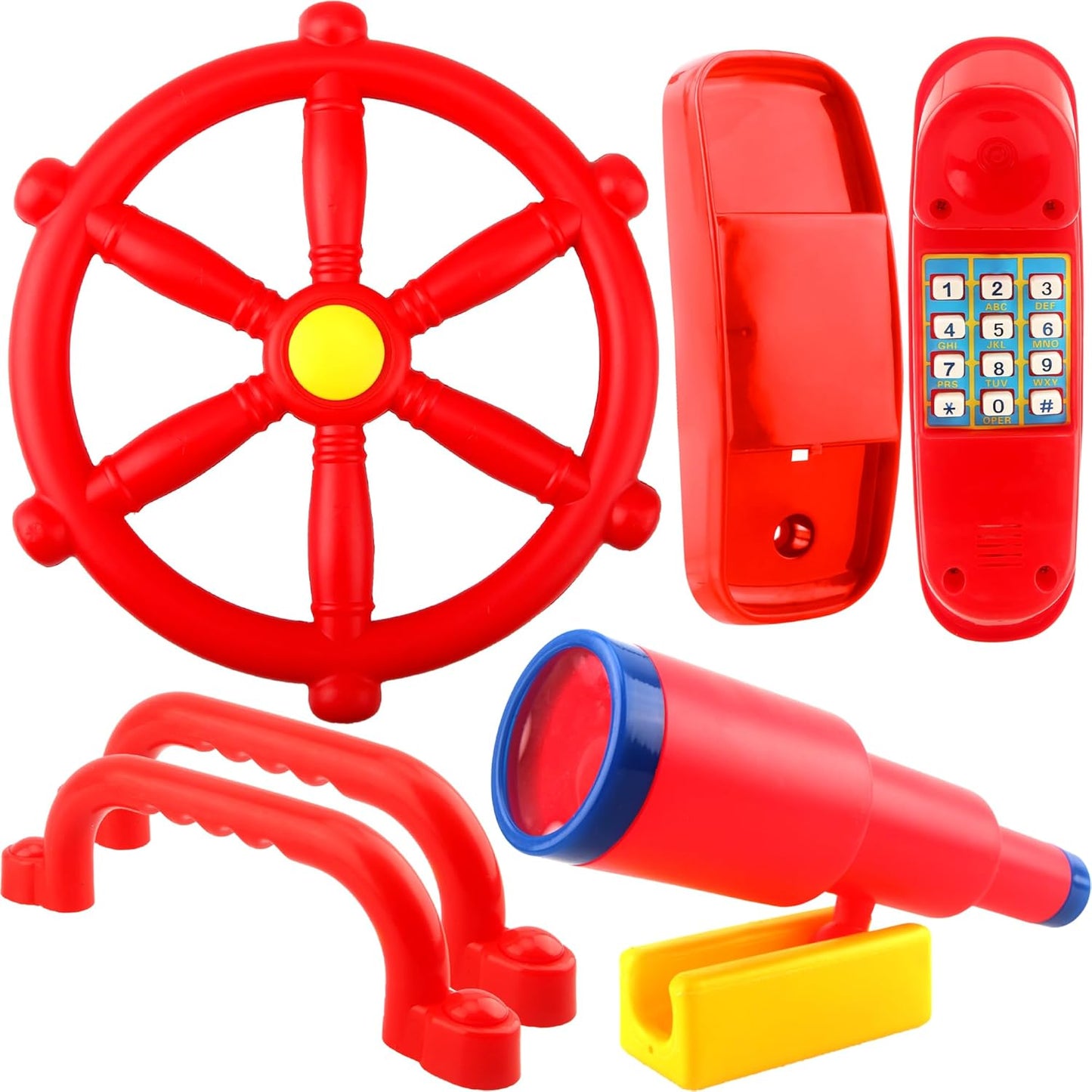 5 Pcs Kids Playground Accessories for Kids Outdoor Plastic Steering Wheel Swingset Phone Pirate Telescope Telephone Safety Handle for Child Backyard Tree House Playhouse Jungle Gym (Yellow Set 1)