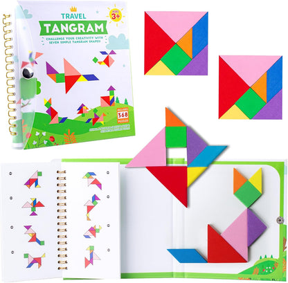 Helsort Travel Tangram Puzzle - Magnetic Puzzle Book for Road Trips, STEM Jigsaw Game with 2 Tangram Sets, Patterns Solutions - Brain Teaser IQ Toy for Kids and Adults, Ideal Educational Gift (368)