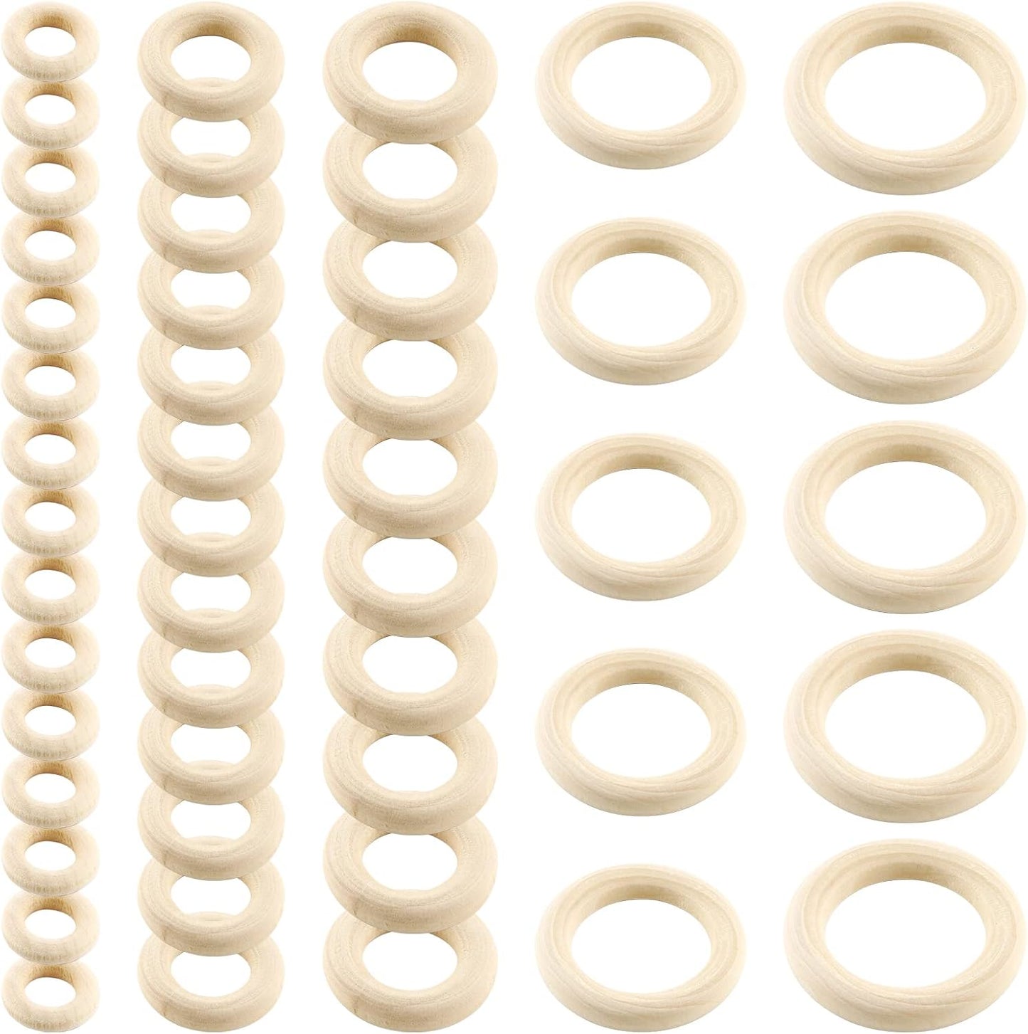 100pcs 5 Sizes Natural Wood Rings, Unfinished Solid Wooden Hoops, Smooth Wooden Rings for Craft, Jewelry Making, DIY Pendant Connectors (Assorted Sizes)