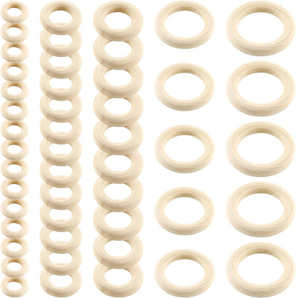 100pcs 5 Sizes Natural Wood Rings, Unfinished Solid Wooden Hoops, Smooth Wooden Rings for Craft, Jewelry Making, DIY Pendant Connectors (Assorted Sizes)