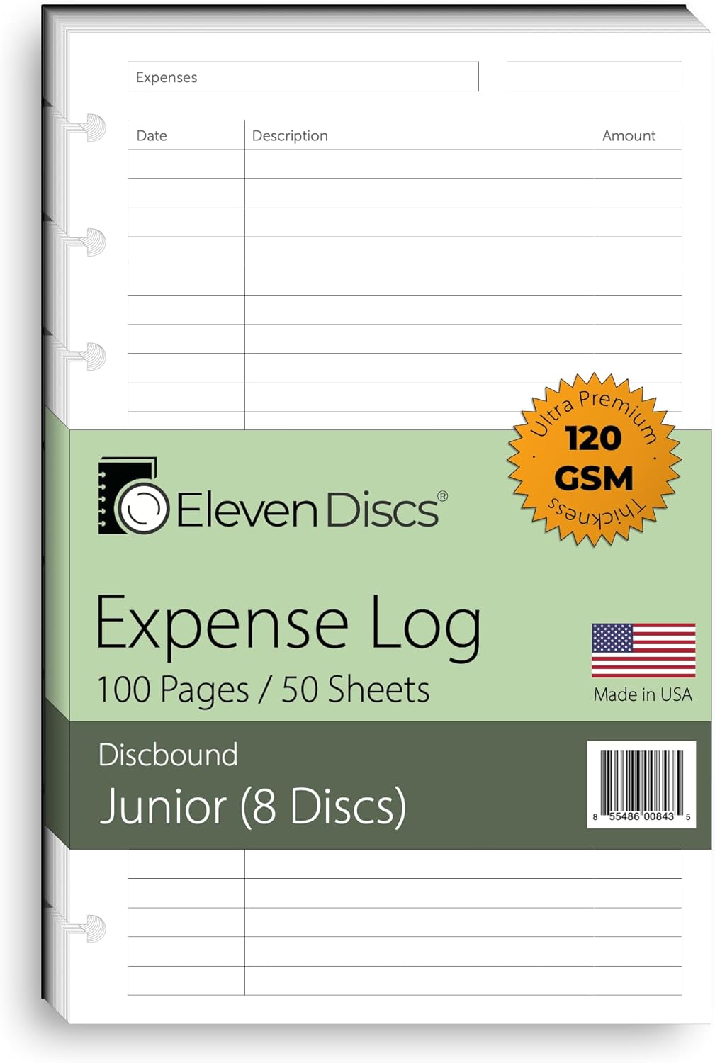 Eleven Discs Discbound Paper, Junior Size Mileage Log Sheets - Premium 120gsm Heavyweight Notebook & Planner Refills - 8 Discs, 5.5 x 8.5 in - Punched for Circa, Arc, TUL (50 Sheets)
