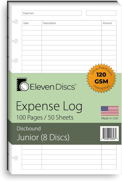 Eleven Discs Discbound Paper, Junior Size Mileage Log Sheets - Premium 120gsm Heavyweight Notebook & Planner Refills - 8 Discs, 5.5 x 8.5 in - Punched for Circa, Arc, TUL (50 Sheets)