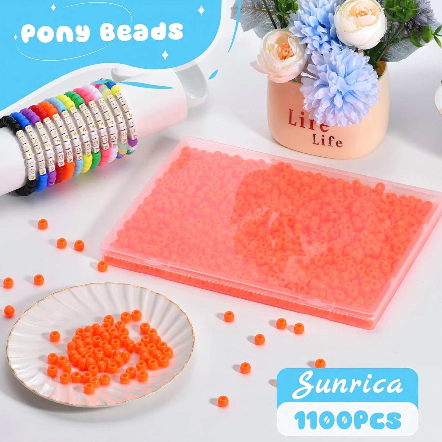 1100Pcs Red Pony Beads 6x9mm Large Hole Plastic Hair Beads for Braids, Kandi Bracelets, Keychains, Jewelry Making