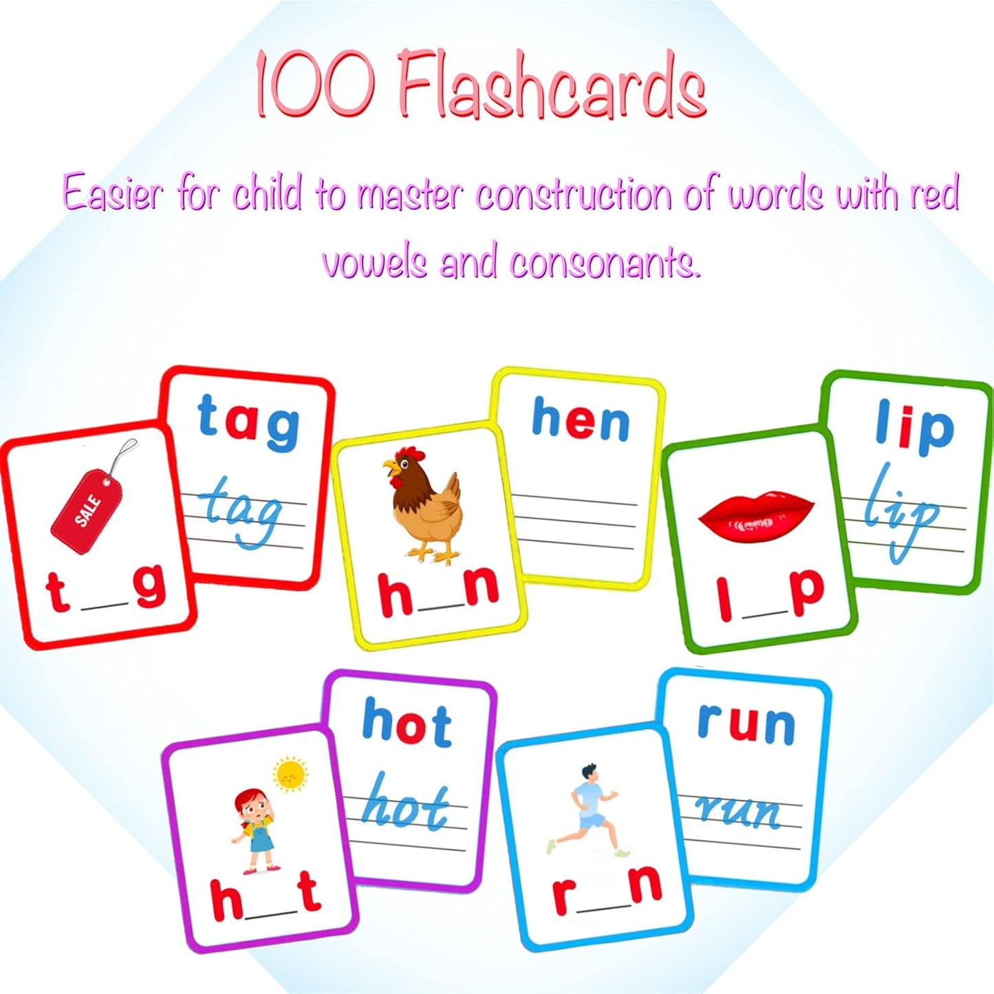 100 Short Vowel Spelling Flashcards, Handwriting Cards Learn to Write CVC Sight Words CVC Words Games for Kindergarten Learning Activities, Montessori Educational Toy Gift for Kids 3 4 5 6 Years Old