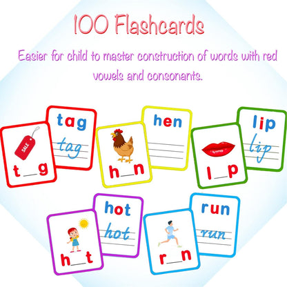 100 Short Vowel Spelling Flashcards, Handwriting Cards Learn to Write CVC Sight Words CVC Words Games for Kindergarten Learning Activities, Montessori Educational Toy Gift for Kids 3 4 5 6 Years Old