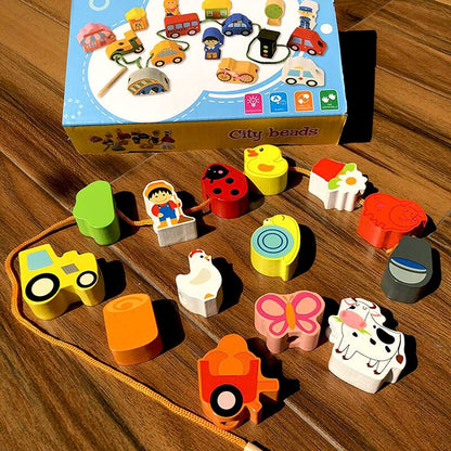 Lacing Farm Toy Wooden Block Set, Early Educational Toys String & Lacing Beads Games for Toddlers Kids Farm Animal Learning Play Set (16 Pieces)