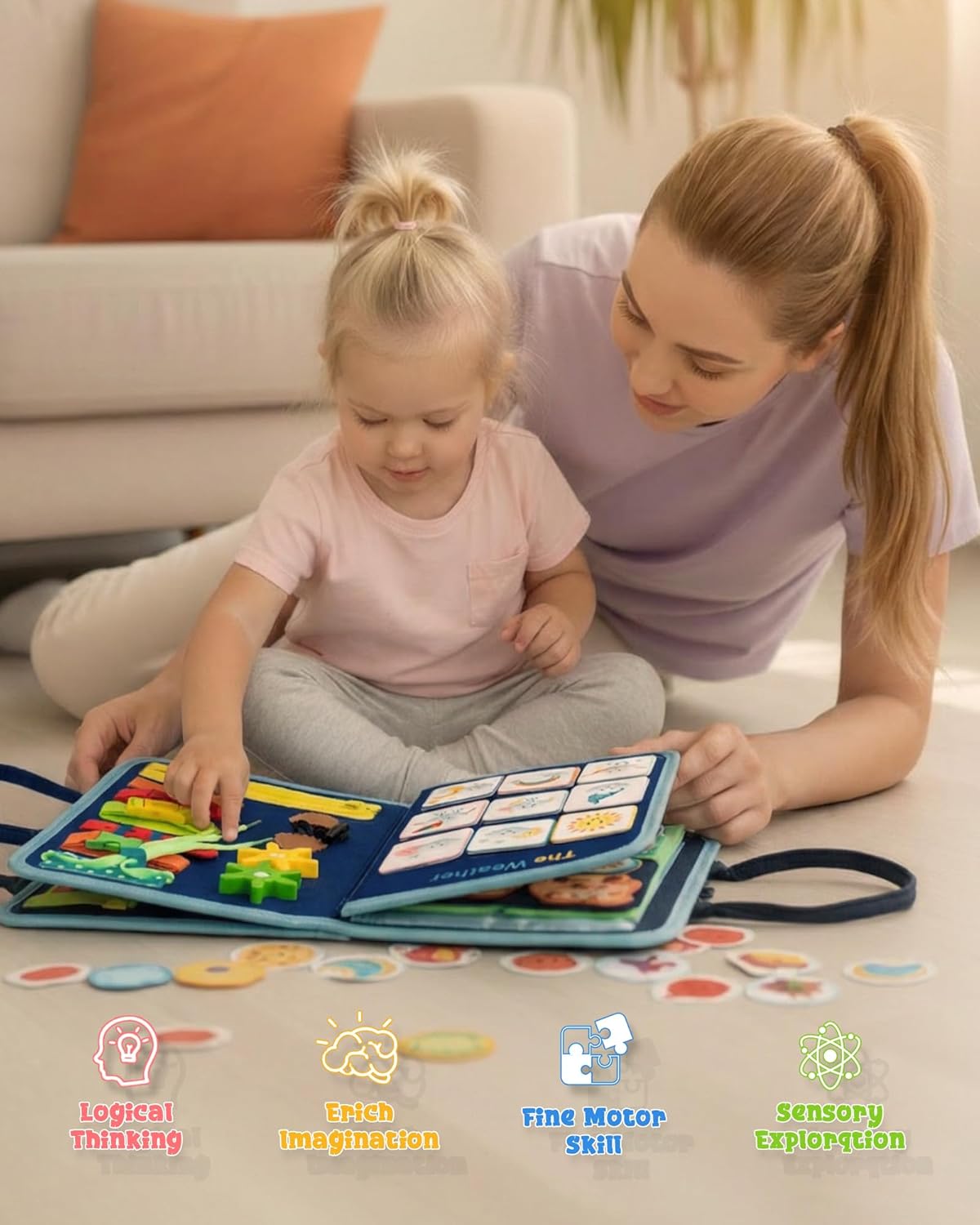 Montessori Busy Book for Toddlers, 8-Page Sensory Activity Book for Fine Motor Skills & Basic Dress Learning, Portable Travel Toy for Preschool Kids, Birthday Gift for Boys and Girls (Blue)