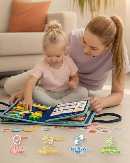 Montessori Busy Book for Toddlers, 8-Page Sensory Activity Book for Fine Motor Skills & Basic Dress Learning, Portable Travel Toy for Preschool Kids, Birthday Gift for Boys and Girls (Blue)