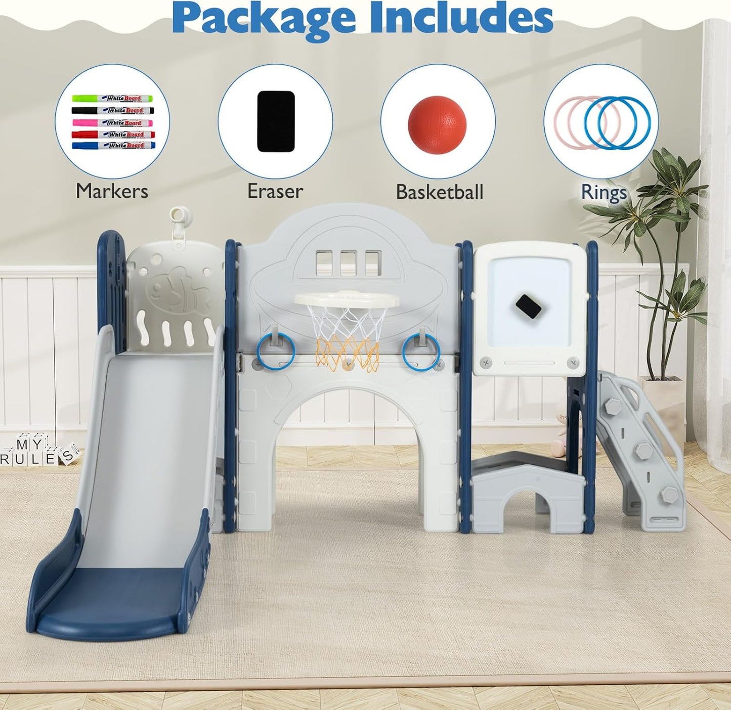 Costzon 10 in 1 Toddler Slide Set, Kids Slide and Climber Playset with Magnetic Whiteboard, Ring Toss, Basketball Hoop, Crawling Tunnel, Long Aisle & Storage, Indoor Playground for Ages 3+ (Blue)