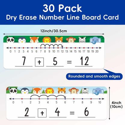 Jauisus 30 Pcs Number Line Dry Erase Whiteboard Card, 4”x12” Double Sided Dry Erase Board 0-10 on One Side 0-20 on Other Side, Students Home Classroom Must Haves Math White Board