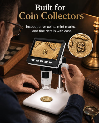 Coin Microscope, 4.3 Inch Digital Microscope 1000X Coin Microscope for Error Coins with 8 Adjustable LED Lights, PC View Compatible with Windows & MacOS