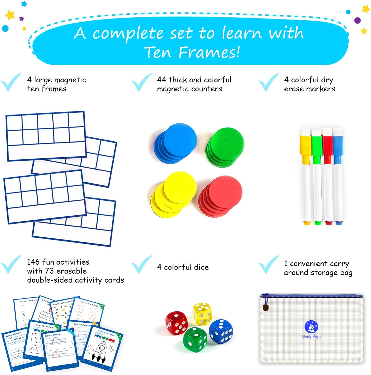 130 PCS Jumbo Magnetic Ten Frame Set, Ten Frames Class Set, Math Manipulatives for Kindergarten, PreK, Preschool, Math Counters, Games for Kids, Magnetic Counters, Teacher and Homeschool Supplies