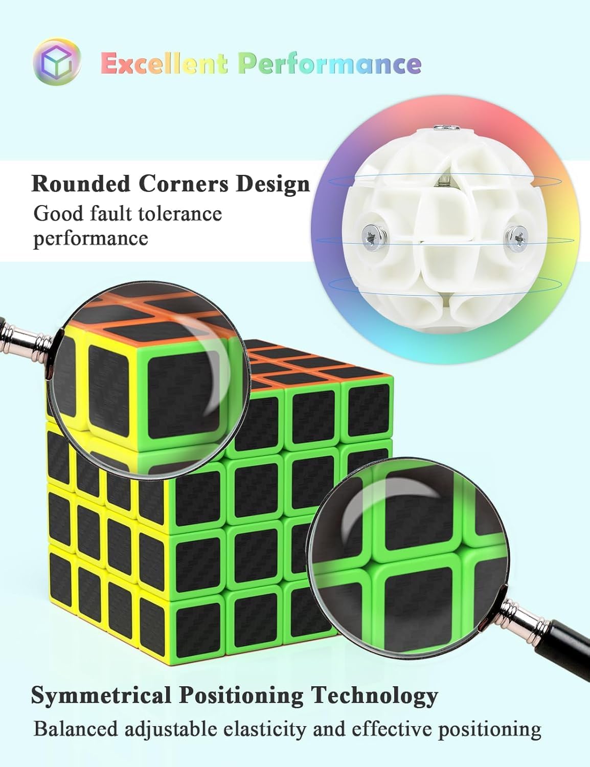 Roxenda Speed Cube Set, [5 Pack] Magic Cube Bundle of 2x2 3x3 4x4 Megaminx Cube and Pyramid Cube Smoothly Carbon Fiber Sticker Speed Cubes Collection for Kids Teens & Adults