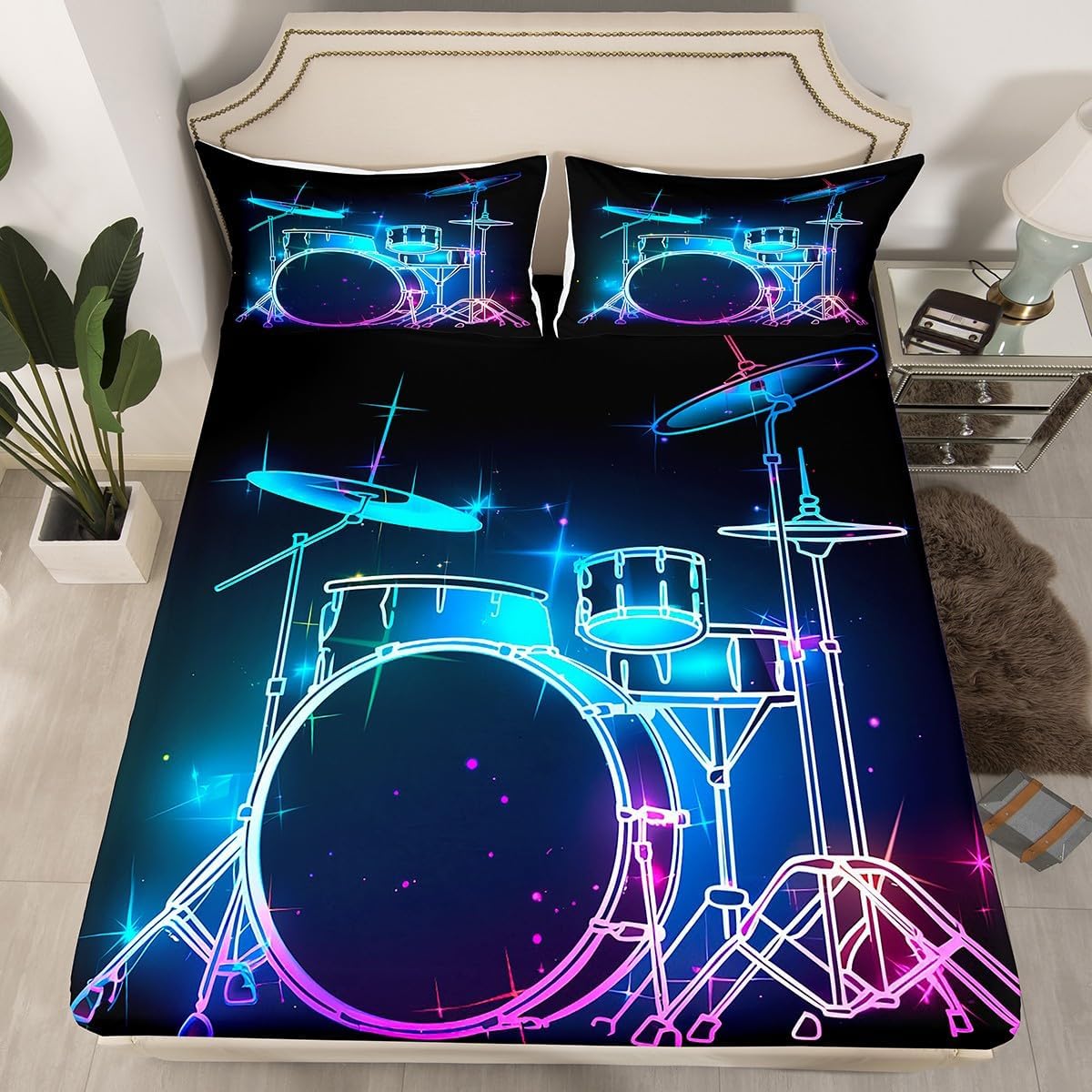 Drum Kit Fitted Sheet,Full Size Rock Music Collections Musical Instruments Theme,Soft Decorative Fabric Bedding Deep Pocket for Children Teens Young Boys Girls,with 2 Pillowcases