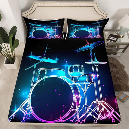 Drum Kit Fitted Sheet,Full Size Rock Music Collections Musical Instruments Theme,Soft Decorative Fabric Bedding Deep Pocket for Children Teens Young Boys Girls,with 2 Pillowcases