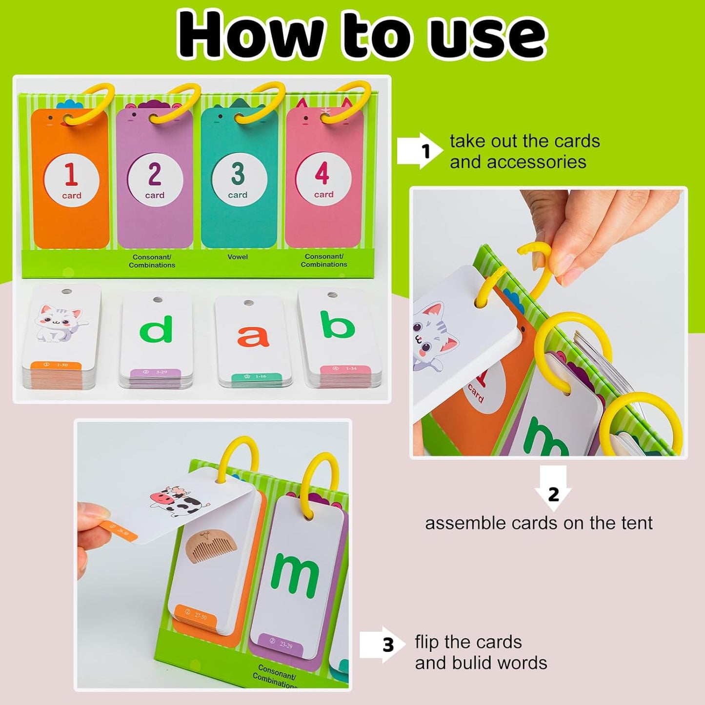 CVC & CVCC Words Games Phonics Flash Cards for Preschool Kindergarten, Alphabet Learning Pocket Chart, Educational Preschool Phonics Learning Tool for Student Teacher School Supplies
