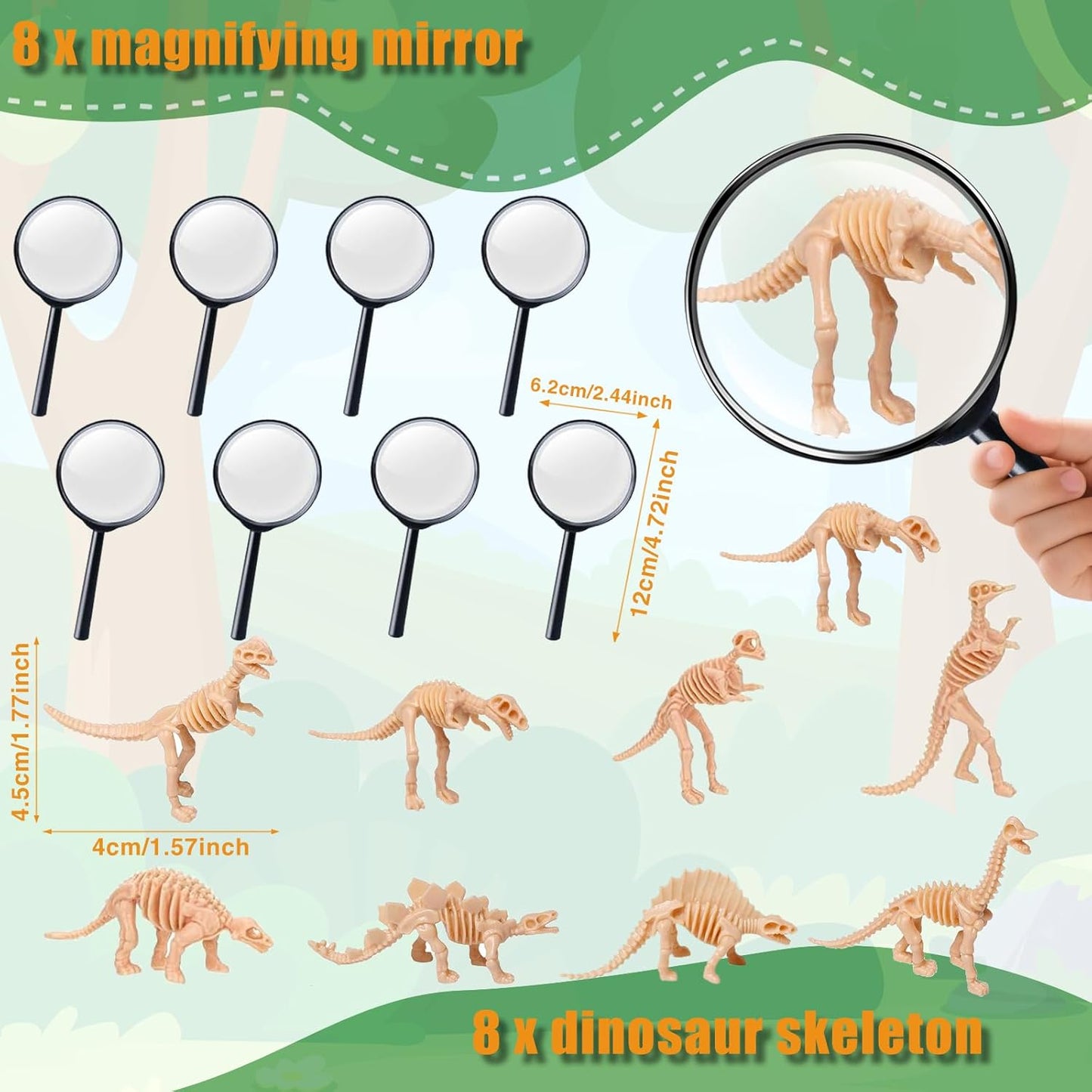 Dinosaur Party Favors for Kids,Dino Birthday Toys with Hatchable Eggs,Glow-in-the-Dark Keychains, Skeleton Models,3D Stickers & Magnifying Glass – Dinosaur Themed Party Toys for Boys & Girls