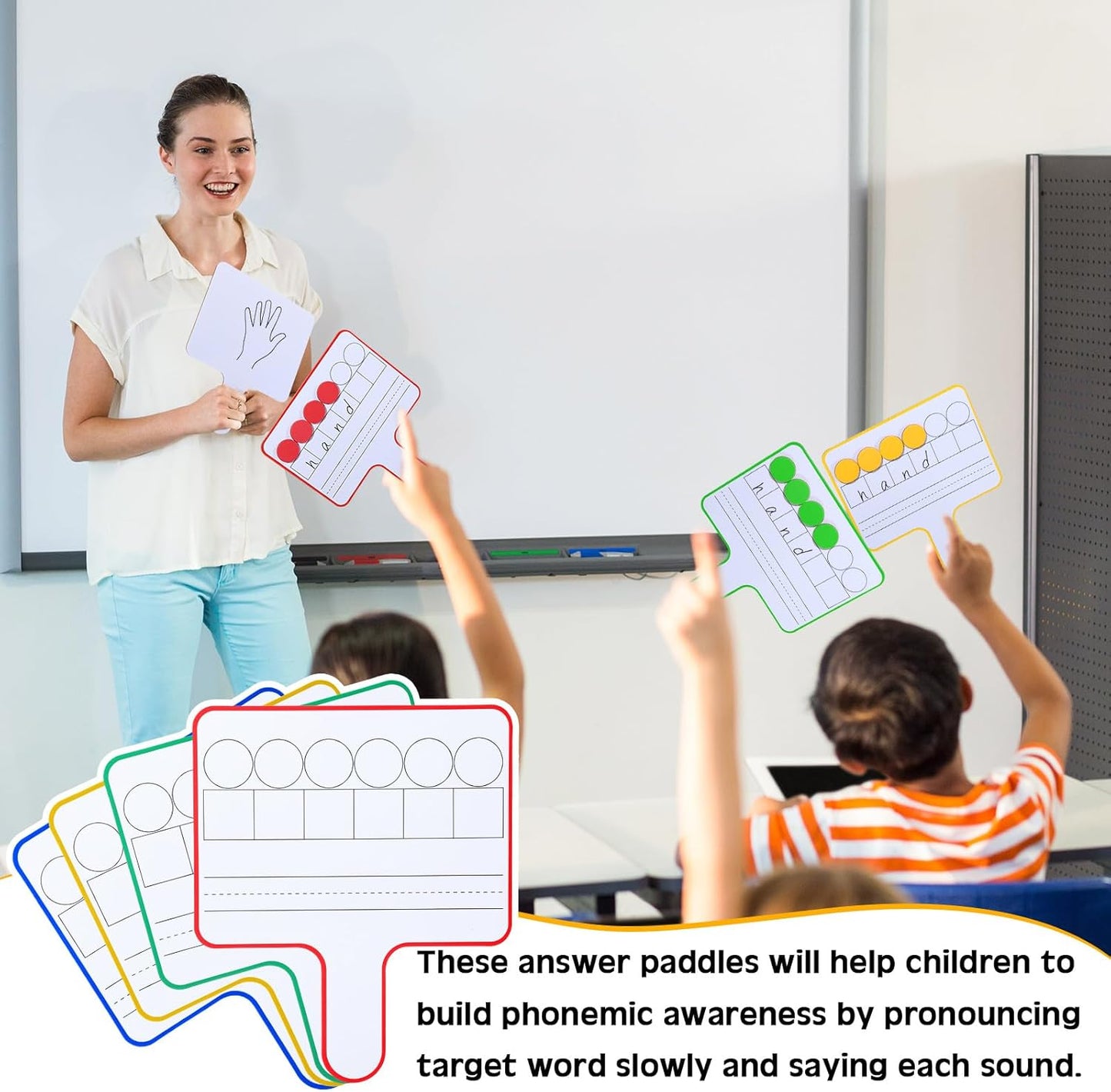 Seajan 12 Pcs Paddle Set Education Dry Erase Double Side Handheld Answer Board with Magnetic Counters Discs Phonemic Awareness Phonics Games Toy for Students Kids Teaching (Classic Color)