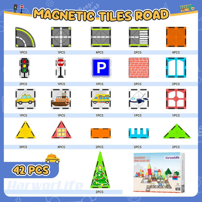HarworLife Magnetic Tiles Road Set, Magnetic Building Blocks for Toddler Kids, Montessori Educational Magnet Toys for Kids Ages 3+Year Old, STEM Creative Toy for Christmas Birthday Gifts