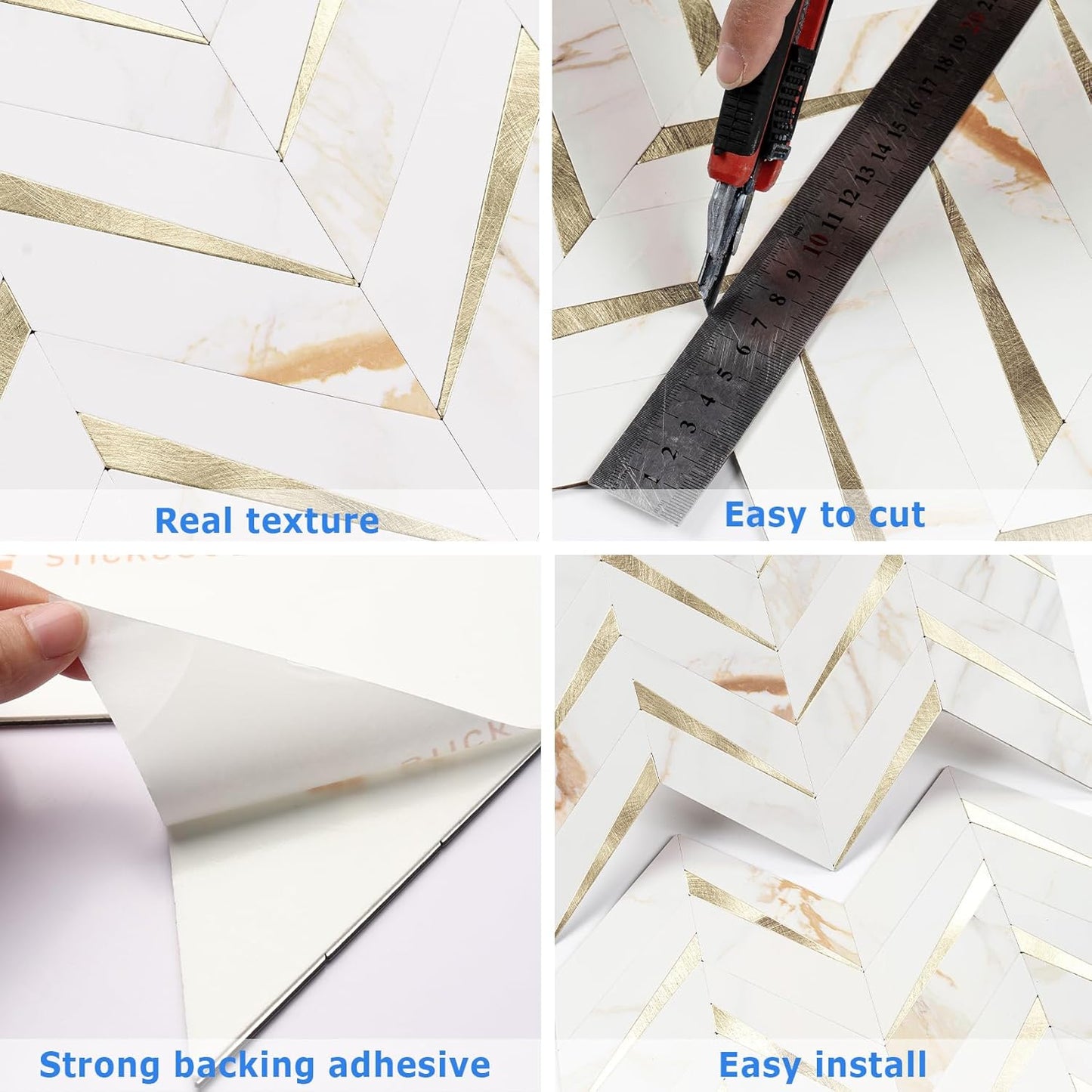 STICKGOO 10-Sheet Herringbone Tile Peel and Stick Backsplash, Beige Mixed Metal Gold PVC Stick on Backsplash, Self Adhesive Wall Tile for Kitchen and Bathroom