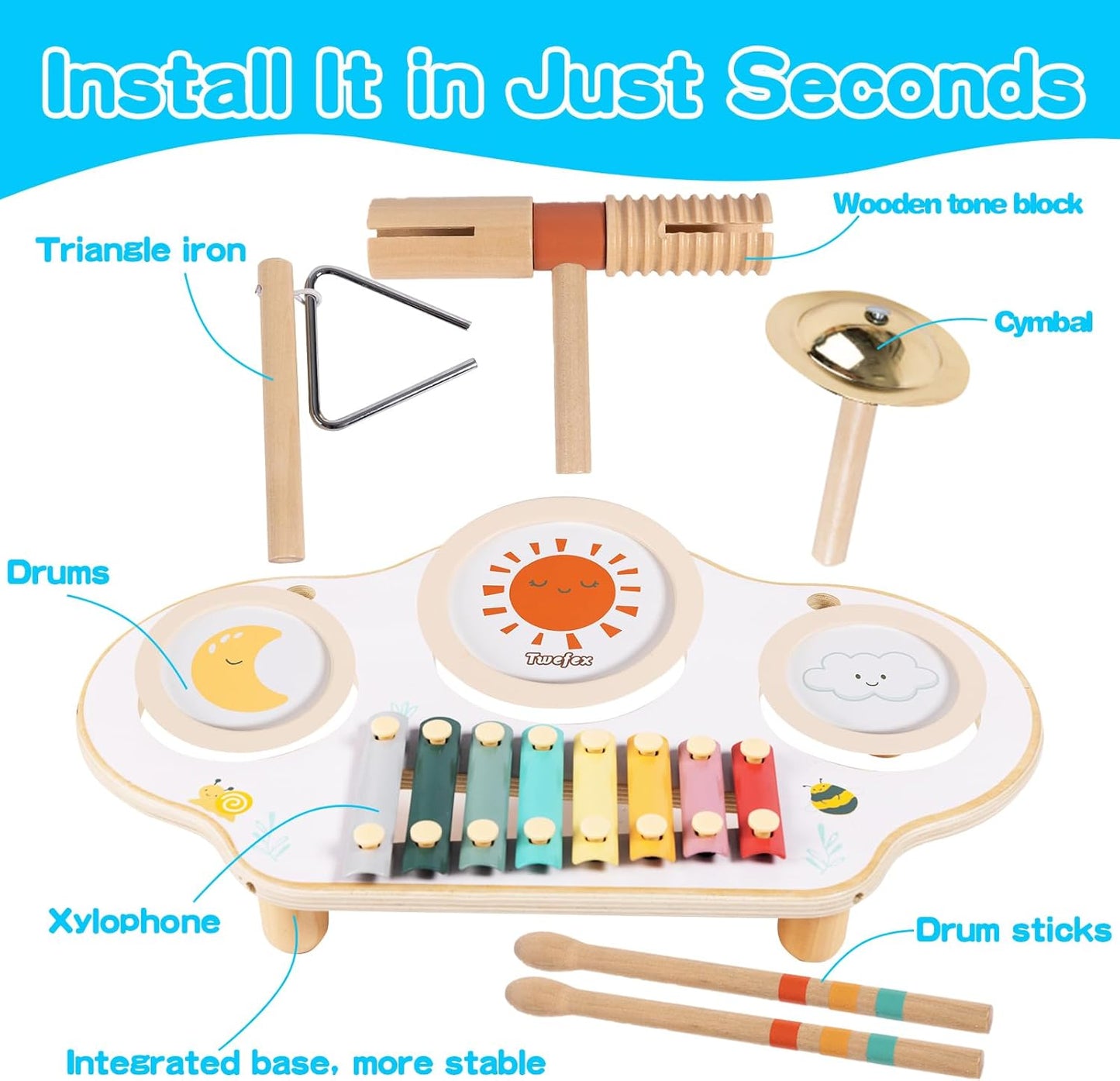 Twefex Montessori Spinning Drum, Montessori Toys for Babies 6-12 Months, Montisory Baby Toys for 1 Year Old Infant, Wooden Toy for Baby