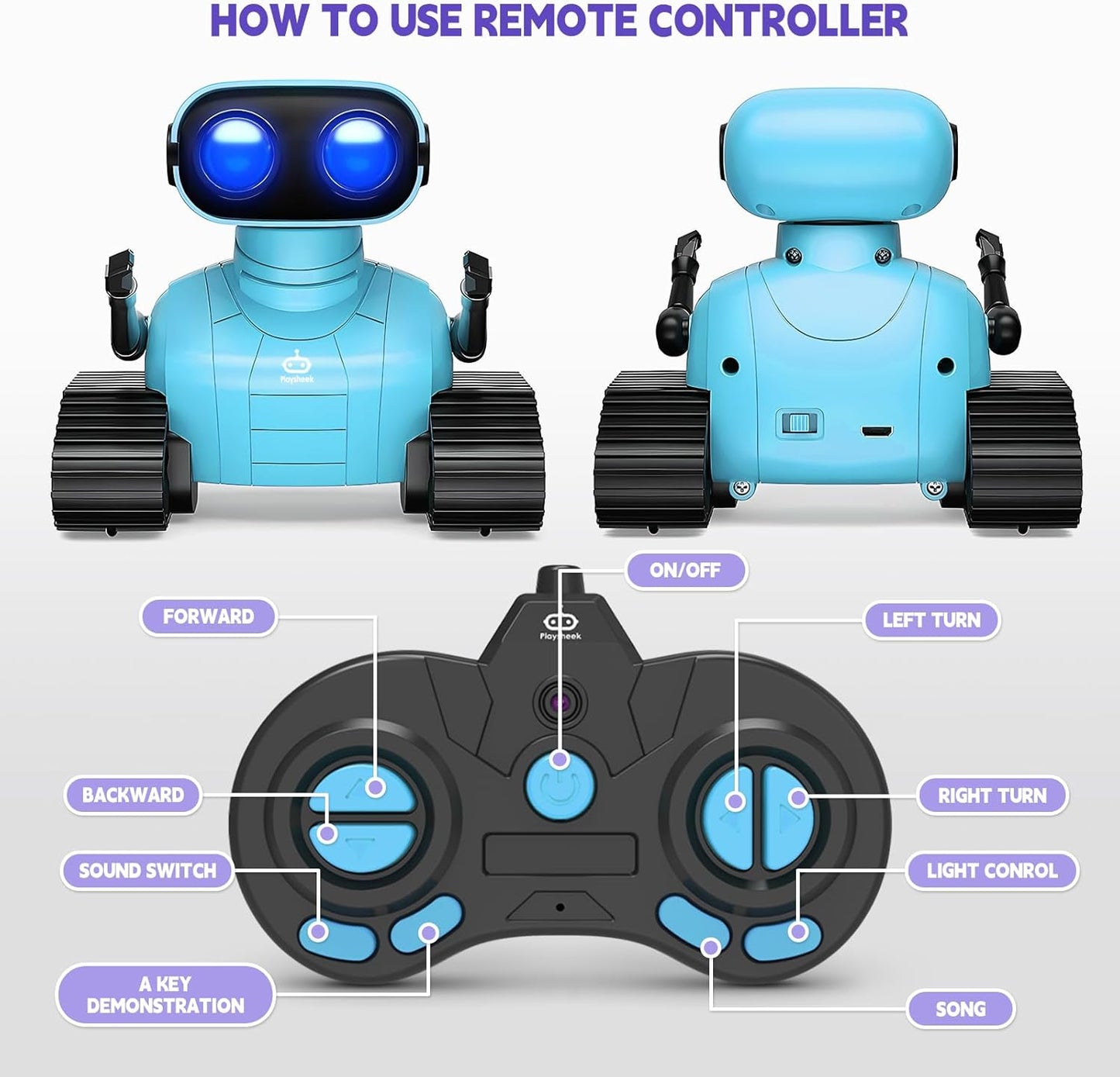 Playsheek Rechargeable Emo Robot with Auto-Demonstration - Remote Control Smart Robot Toy Gift for Kids Age 3+ - Purple