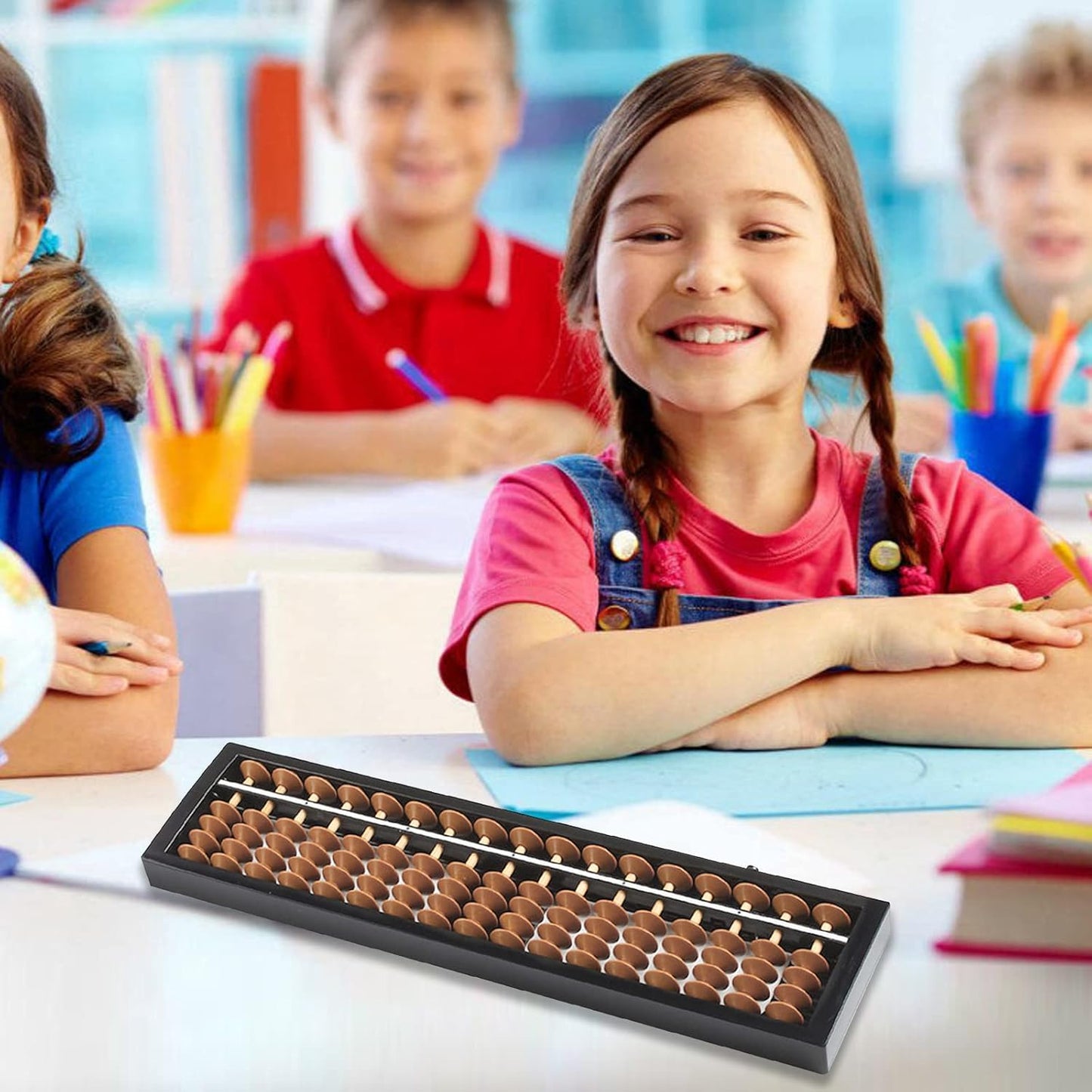 Digital Standard Abacus Professional 17 Column with Reset Button, Chinese Japanese Abacus Calculator Educational Tools Abacus Counting Tool Arithmetic Tool Calculator (Brown)