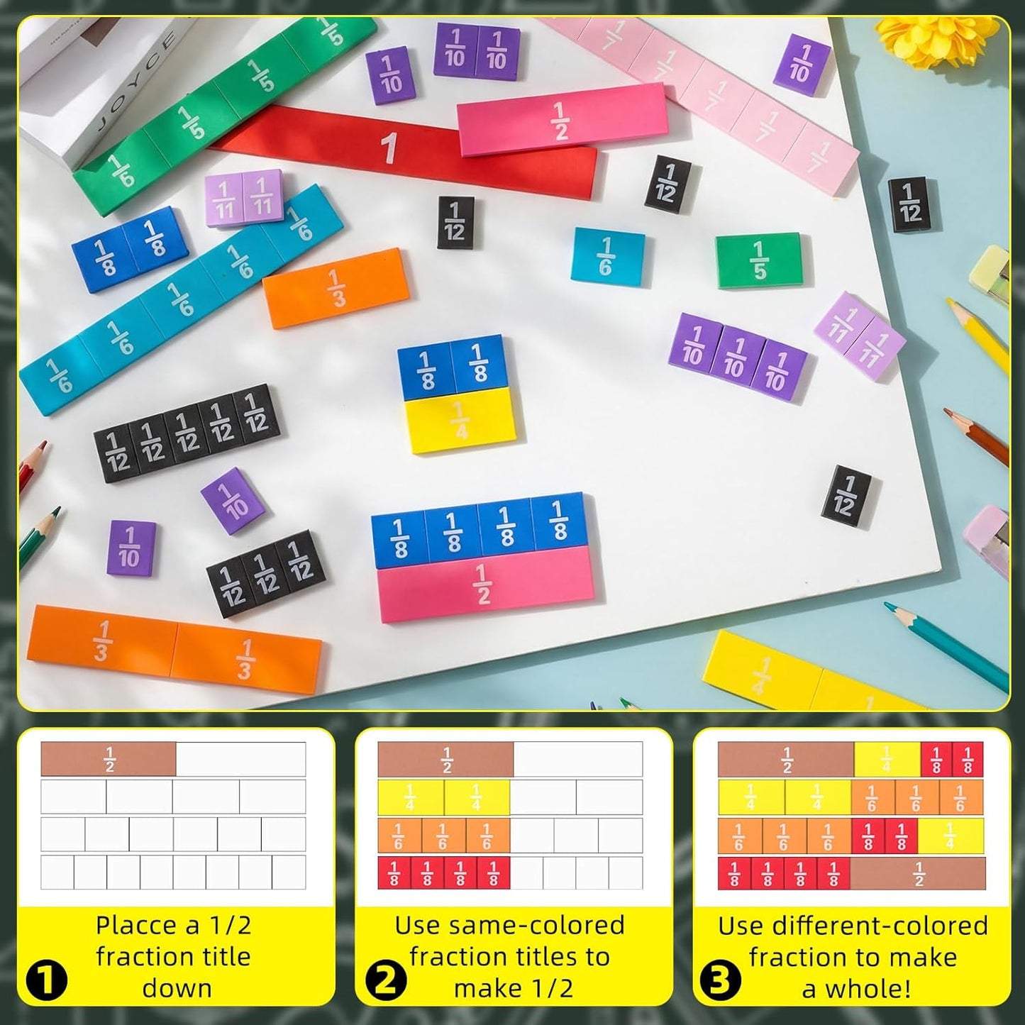 Sayglossy 6 Sets Fraction Tiles Set for Classroom Rainbow 11.8 x 8 in Fraction Strips Bars Math Manipulatives Montessori Math Materials for Home Learning School Educational (Set of 78) (Vivid Color)