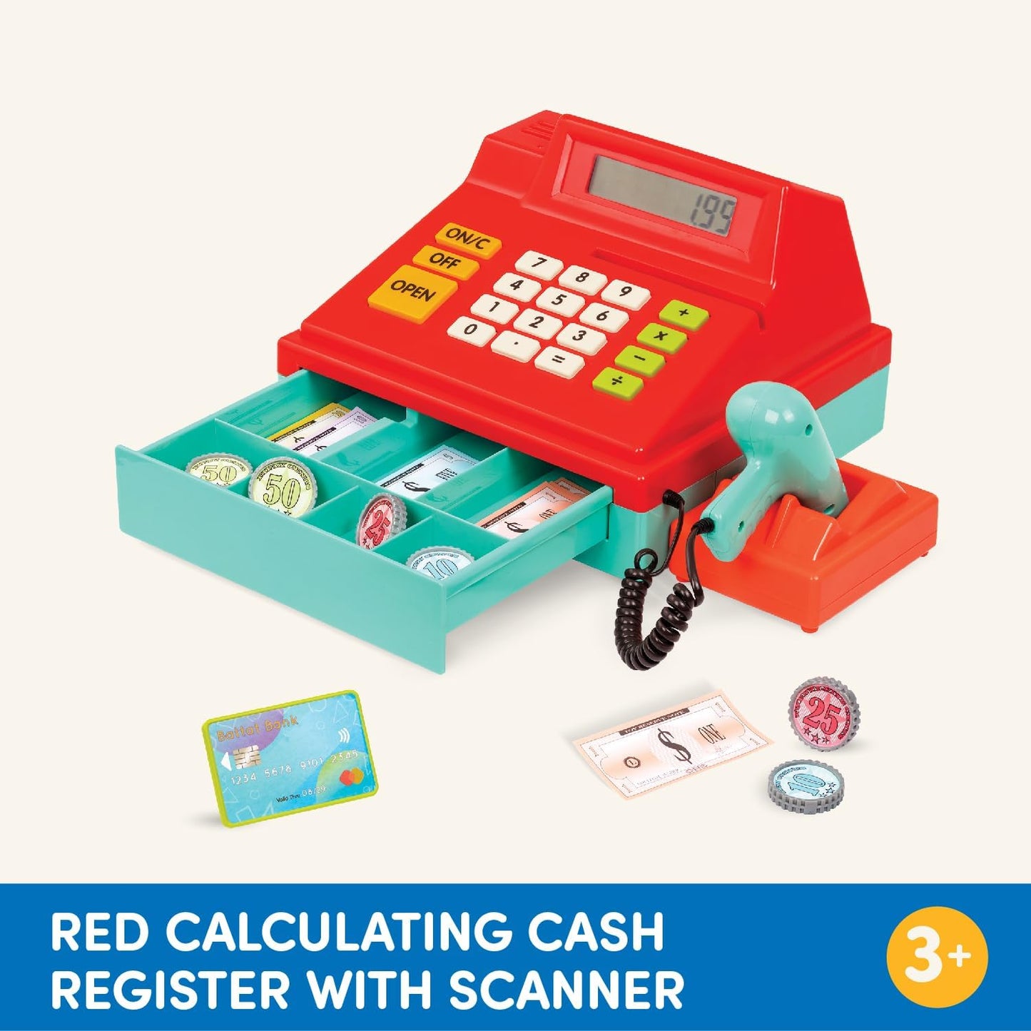 Battat – Interactive Kids Cash Register with Scanner & Sounds – 26 Pieces Pretend Play Shopping Set with Light – Up Scanner, Play Money & Card – Educational Toy for Learning & Fun – 3+ Years