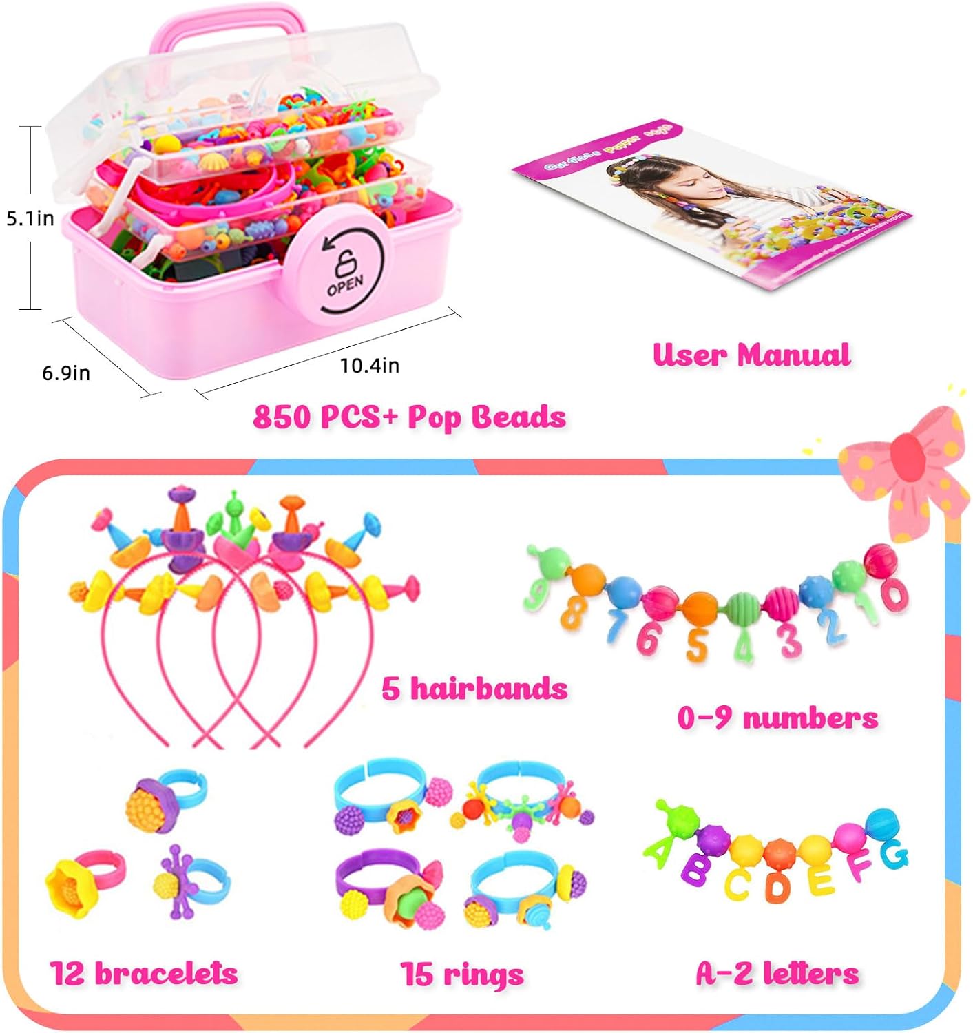 NIDOOT 550Pc+ Pop Beads Jewelry Making kit for Girls 4-6, Arts and Crafts for Kids Ages 4-8, Toys for 4 5 6 Years Old Girl Birthday Christmas Gifts Ideas, Bracelet Necklace Ring Snap Bead Set