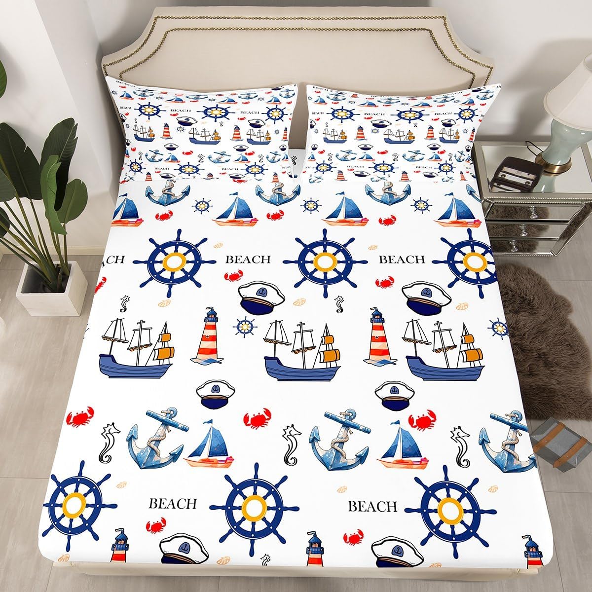 Manfei Musical Kids Fitted Sheet Full Size, MusicalGuitar Radio Drum Kit Headset Print Bedding Set 3pcs for Boys Girls, Rock Music Bed Cover with 2 Pillowcases, Soft Polyester Bedding, No Top Sheet