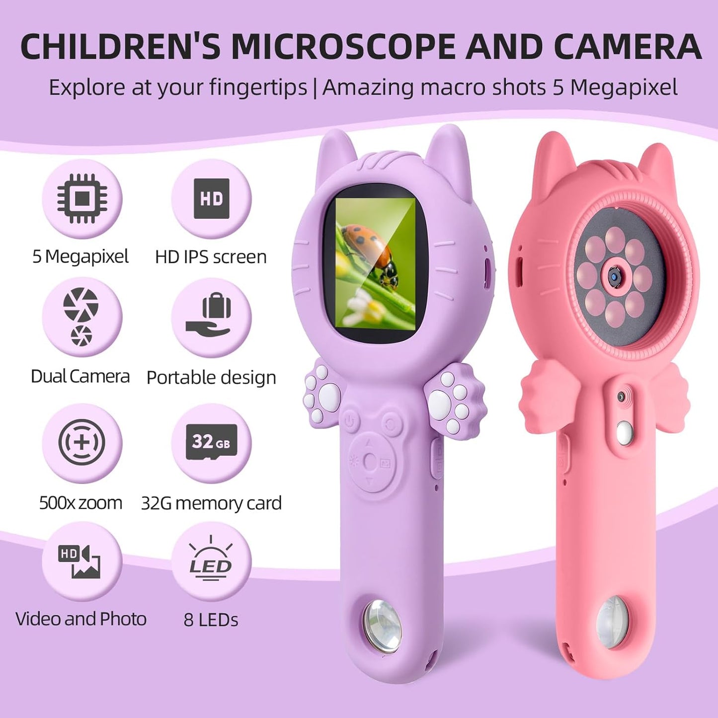 Kids Microscope – 500X Digital Pocket Handheld Microscope with Dual Cameras & Autofocus, STEM Educational Toy & Perfect Christmas Birthday Gift for Boys & Girls Ages 3 4 5 6 7 8 9 10(Pink)