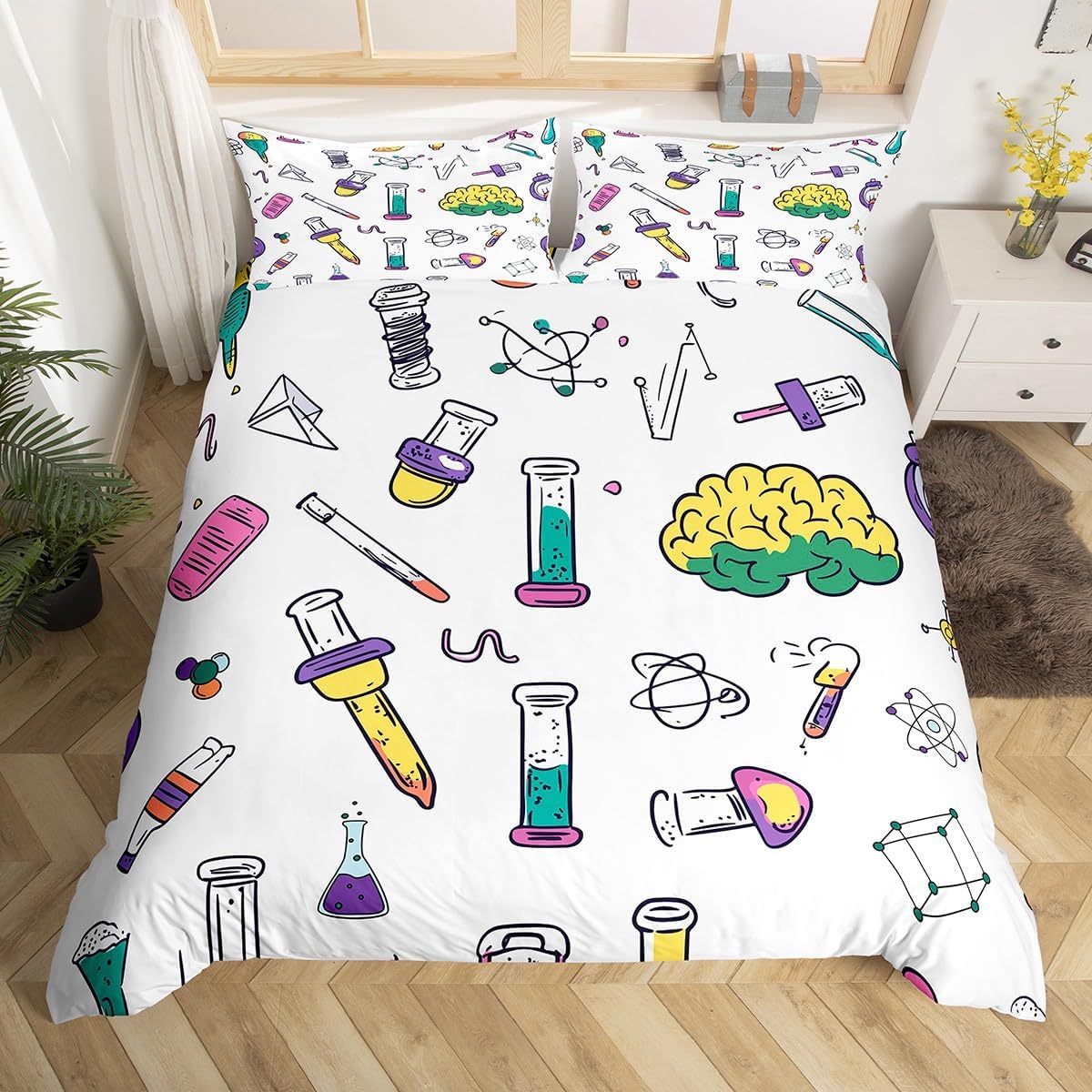 Erosebridal Science Theme Bedding Set Queen Size for Boys Girls Chemistry Periodic Table Print Duvet Cover Chemical Subject Theme Comforter Cover Teens Kids Math Science Atyle Bedspread Cover 3 Pcs